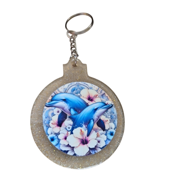 Hand Crafted Accessories - Ocean Dolphin Resin Keychain • Handmade Floral Glitter. 118